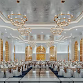 Luxurious Banquet Hall with Elegant Chandeliers White Gold Decor and Arched Windows