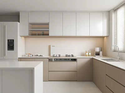Modern Kitchen Interior With White And Light Wood Cabinets Island And Appliances 3d model