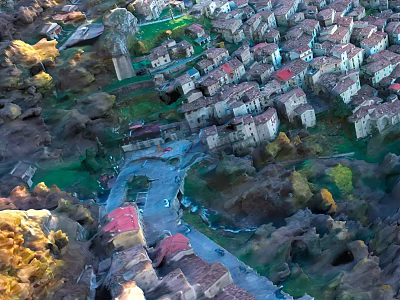 Aerial Planning of Historic Town With Dense Houses Red Roofs Winding Roads and Greenery 3d model
