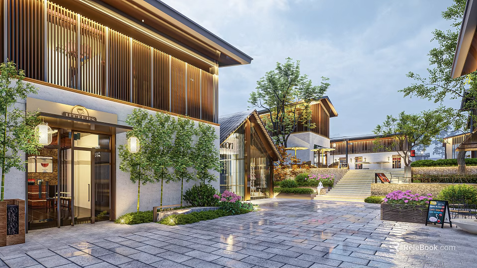 Modern Traditional Homestay Building With Wooden Structure Courtyard Greenery And Stone Pathway 3d model 
