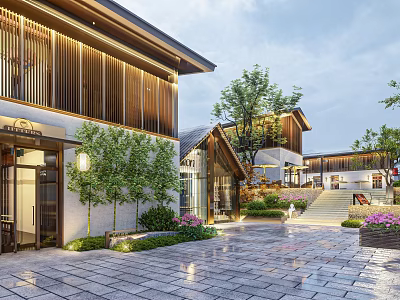 Modern Traditional Homestay Building With Wooden Structure Courtyard Greenery And Stone Pathway 3d model