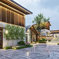 Modern Traditional Homestay Building With Wooden Structure Courtyard Greenery And Stone Pathway