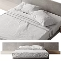 Minimalist Double Bed With Gray Fabric Headboard Linen Bedding And Wooden Nightstand