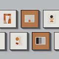 Abstract Paintings Featuring Geometric Shapes Circular Patterns And Framed In Brown White Frames 3d model