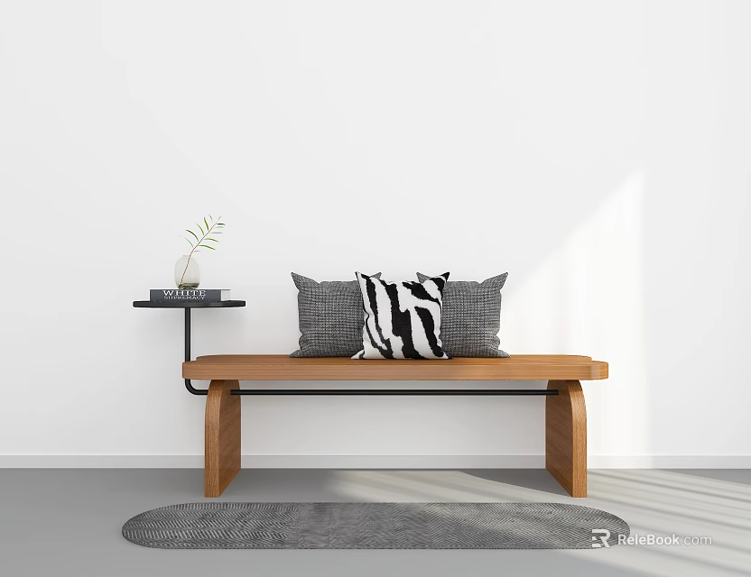 Modern Minimalist Bench With Gray And Striped Pillows Side Table Plant Book On Gray Rug 3d model 