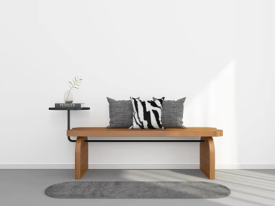 Modern Minimalist Bench With Gray And Striped Pillows Side Table Plant Book On Gray Rug 3d model