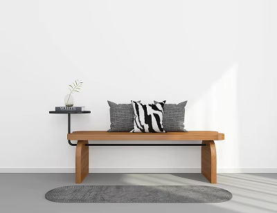 Modern Minimalist Bench With Gray And Striped Pillows Side Table Plant Book On Gray Rug 3d model