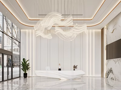 Elegant Sleek White Reception Desk With Unique Wavy Chandelier In Bright Luxury Commercial Lobby 3d model