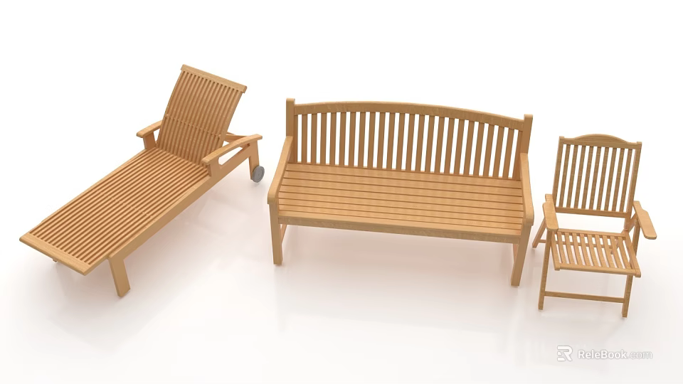 Wooden Outdoor Chairs With Slatted Design Various Styles Including Recliner Bench Single 3d model 