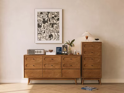 Wooden Entryway Cabinet And Side Cabinet With Drawers Decorative Painting And Table Lamp 3d model