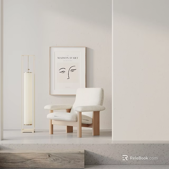 White Lounge Chair with Wooden Armrests and Legs beside Floor Lamp Eye Artwork in Minimalist Space 3d model 