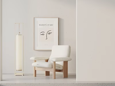 White Lounge Chair with Wooden Armrests and Legs beside Floor Lamp Eye Artwork in Minimalist Space 3d model