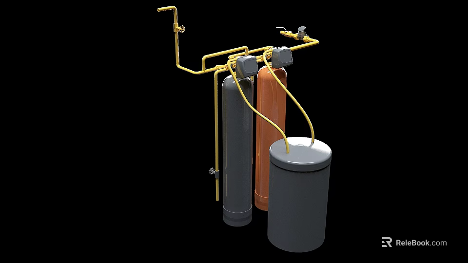 Industrial Equipment System With Yellow Pipes Cylindrical Tanks And Gray Drum 3d model 
