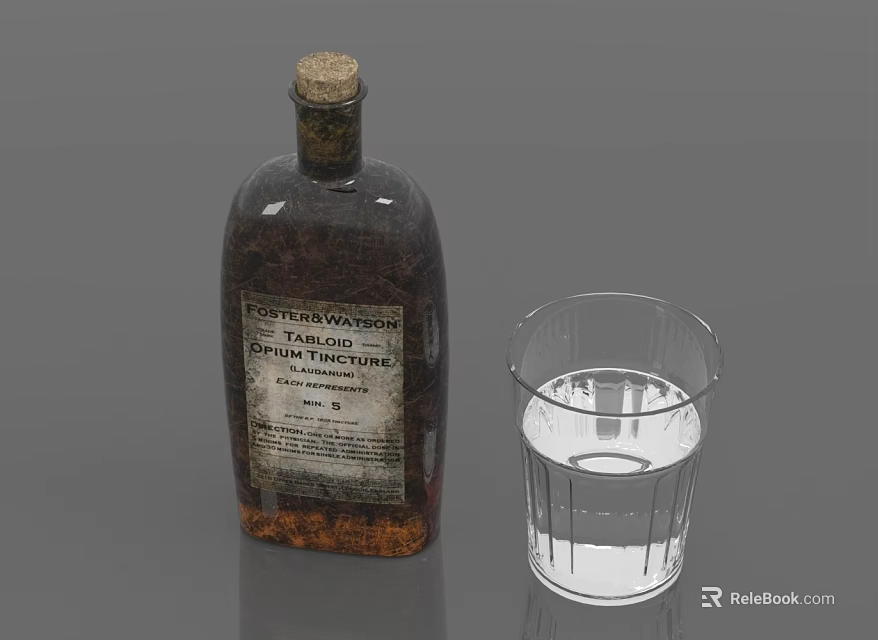 Vintage Glass Bottle with Cork and Clear Drinking Glass Containing Liquid on Gray Background 3d model 
