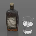 Vintage Glass Bottle with Cork and Clear Drinking Glass Containing Liquid on Gray Background