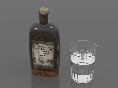 Vintage Glass Bottle with Cork and Clear Drinking Glass Containing Liquid on Gray Background 3d model