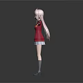 Pink Haired Girl In Red Coat With Plaid Skirt Gray Socks Blue Shoes Arms Outstretched