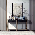 Modern Entryway Console Table with Metal Frame and Decorative Items on Marble Wall 3d model