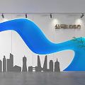 Modern Background Wall With Blue Wave City Skyline Silhouette Company Logo Spotlights And Green Plant