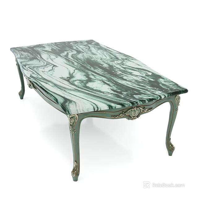 Elegant Coffee Table With Green White Marble Top And Carved Decorative Legs 3d model 