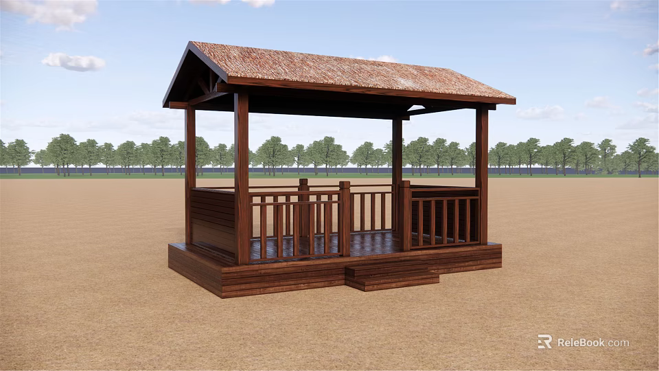 Wooden Gazebo Structure With Brown Roof Railing In Open Field And Trees 3d model 