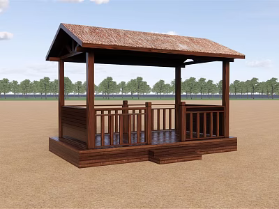 Wooden Gazebo Structure With Brown Roof Railing In Open Field And Trees 3d model