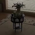 Round Side Table with Shelf White Flowers Candle Cup on Patterned Carpet Near Window Blinds 3d model