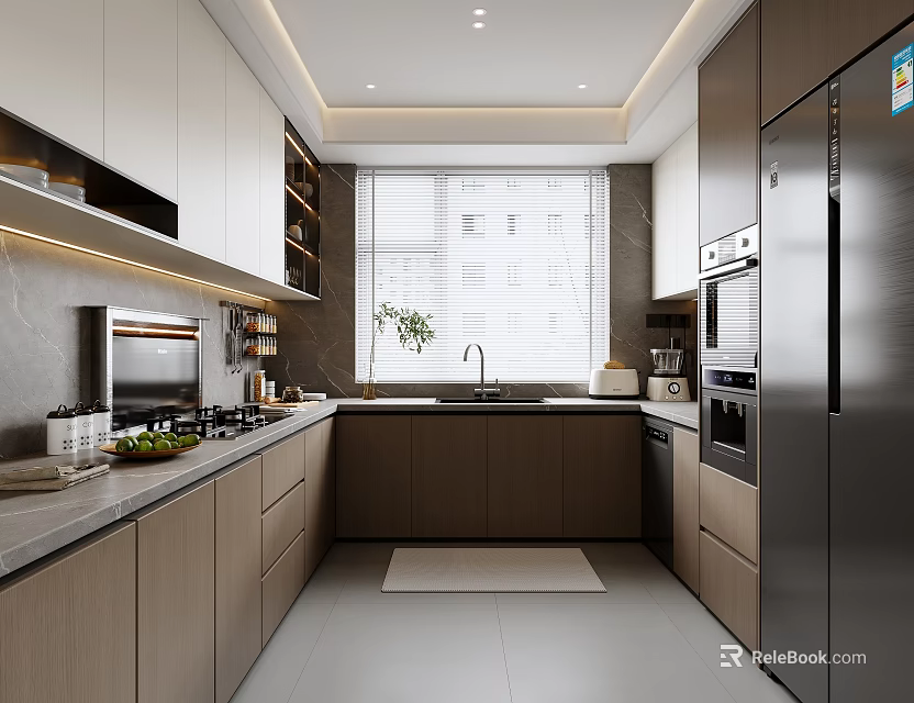 Modern Kitchen Interior With White And Dark Gray Cabinets Stainless Steel Refrigerator Sink And Window 3d model 