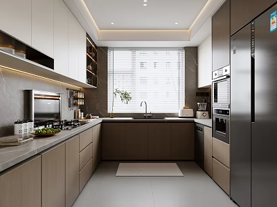 Modern Kitchen Interior With White And Dark Gray Cabinets Stainless Steel Refrigerator Sink And Window 3d model