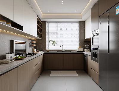 Modern Kitchen Interior With White And Dark Gray Cabinets Stainless Steel Refrigerator Sink And Window 3d model