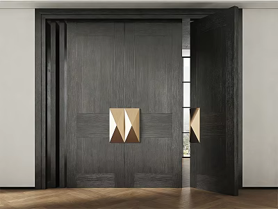 Open Dark Wooden Double Doors Featuring Gold Geometric Accents In Modern Interior 3d model
