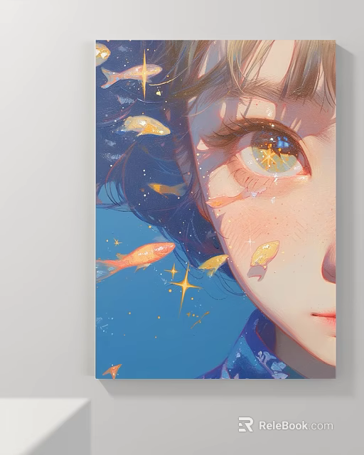 Vibrant Character Portrait Painting With Girl's Eye Goldfish And Stars On Blue Background 3d model 
