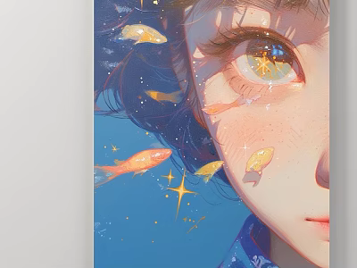 Vibrant Character Portrait Painting With Girl's Eye Goldfish And Stars On Blue Background 3d model
