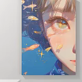 Vibrant Character Portrait Painting With Girl's Eye Goldfish And Stars On Blue Background