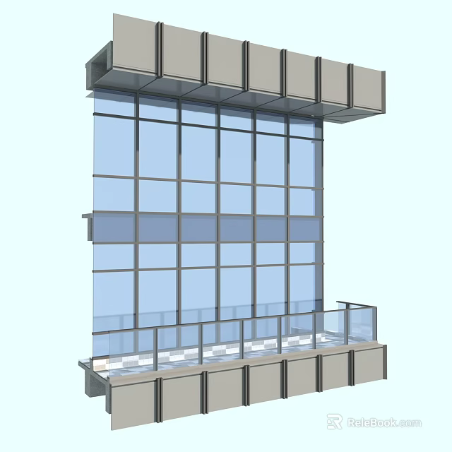 Modern Building Exterior Wall With Large Glass Panels Metal Frames And Glass Railing 3d model 