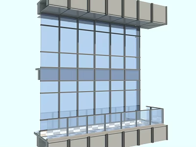 Modern Building Exterior Wall With Large Glass Panels Metal Frames And Glass Railing 3d model