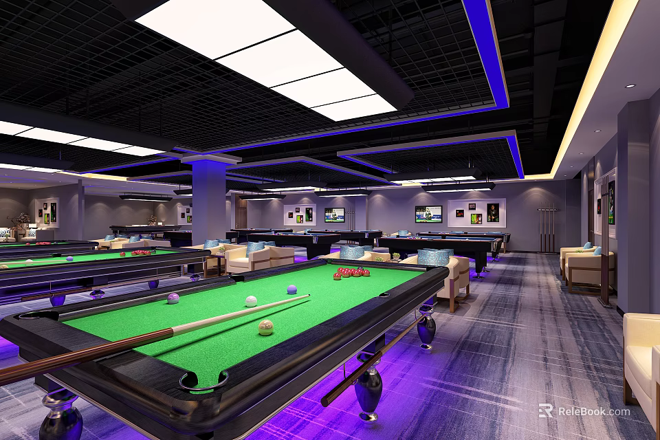 Modern Billiard Room Interior Design With Pool Tables Balls Cues Ambient Lighting And Seating Area 3d model 