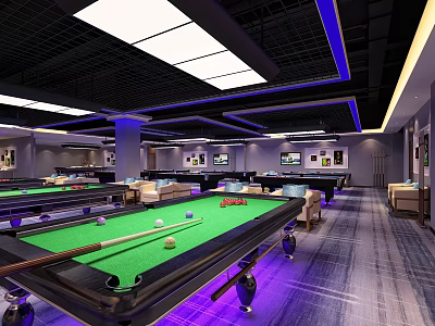 Modern Billiard Room Interior Design With Pool Tables Balls Cues Ambient Lighting And Seating Area 3d model