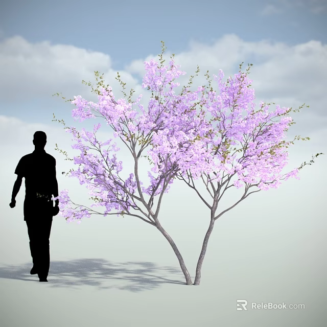 Purple Flowering Tree With Silhouette Of A Person Against Blue Sky And White Clouds 3d model 