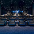 Modern Cinema Interior With Starry Ceiling Blue Lighting And Rows Of Comfortable Black Seats