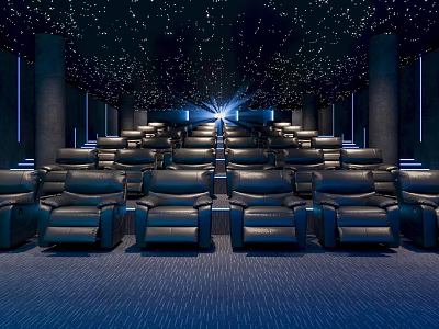 Modern Cinema Interior With Starry Ceiling Blue Lighting And Rows Of Comfortable Black Seats 3d model