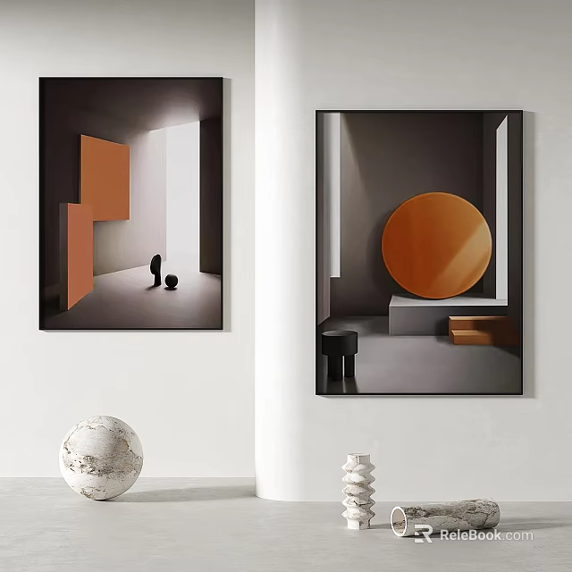 Geometric Wall Art With Orange Shapes And Decorative Objects In Modern Interior Decor 3d model