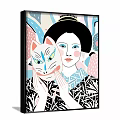 Portrait Painting of Woman with White Cat Mask Yellow Eyes Black Hair Geometric Clothing Colorful Background