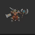 Fantasy Warrior Creature In Armor With Horned Helmet Sword Axe Golden Decorations And Blue Gemstones