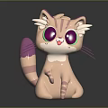Cute Cartoon Cat Character 3D Model With Big Purple Eyes And Pink Purple Striped Fur