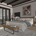 Warm Bedroom Interior Design With Wooden Beams Wooden Blinds Large Painting And Area Rug