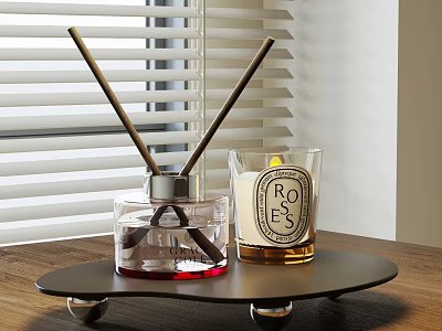 Elegant Decorative Ornament Set With Black Tray Diffuser Wooden Sticks Red Liquid And Rose Candle 3d model