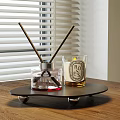 Elegant Decorative Ornament Set With Black Tray Diffuser Wooden Sticks Red Liquid And Rose Candle
