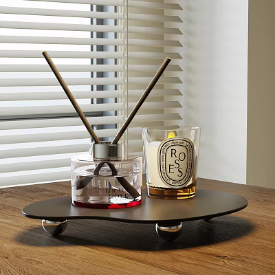 Elegant Decorative Ornament Set With Black Tray Diffuser Wooden Sticks Red Liquid And Rose Candle 3d model