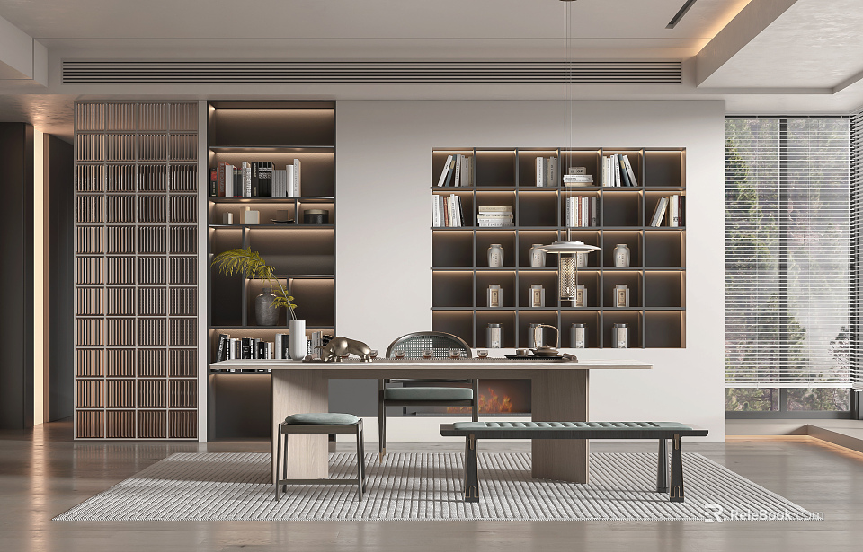 Modern Study Room Interior With Wooden Bookshelves Writing Desk And Pendant Lighting Fixture 3d model 
